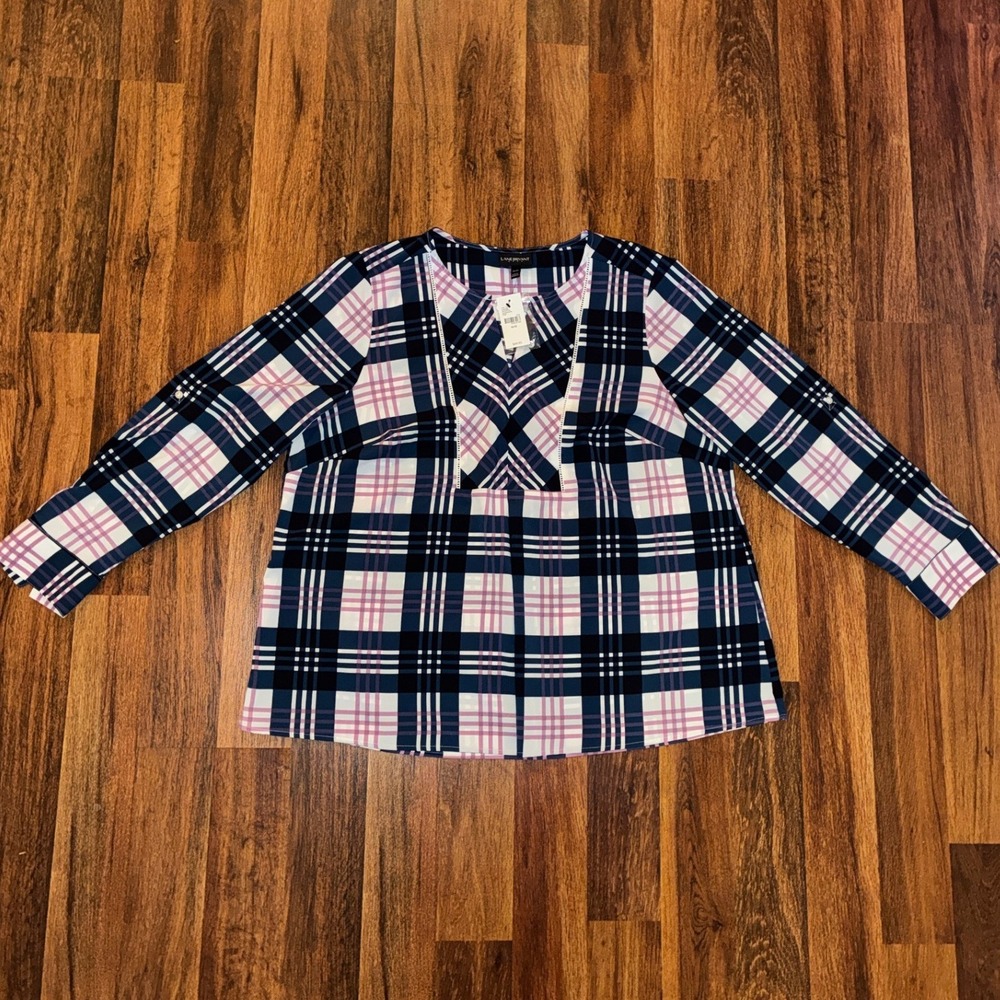 Lane Bryant Plaid V-Neck Blouse Navy Pink White Lace Trim Roll Tab 18/20 NWT